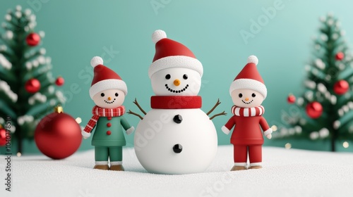 Festive Snowman Figurines Surrounded by Christmas Trees and Ornaments