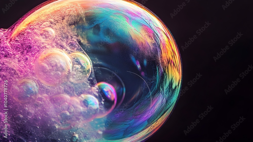 Soap bubble against a black background, with intricate reflections of rainbow colors, glowing softly in the dark, capturing its fragile beauty Soap bubble against a black background, with intricate reflections of rainbow colors, glowing softly in the dark, capturing its fragile beauty