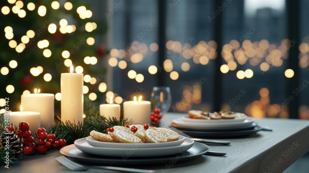 Cozy Christmas Table Setting with Candles and Festive Decor Cozy Christmas Table Setting with Candles and Festive Decor