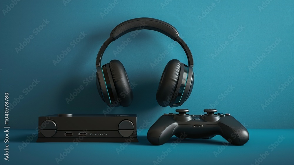 Black Wireless Gaming Headset, Controller, and Transmitter on Teal Background Black Wireless Gaming Headset, Controller, and Transmitter on Teal Background