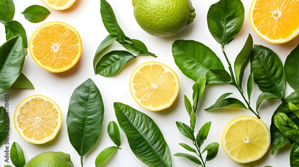 Vibrant, fresh citrus leaves in various shades of green, placed against a white background, emphasizing their crisp textures and healthy glow Vibrant, fresh citrus leaves in various shades of green, placed against a white background, emphasizing their crisp textures and healthy glow