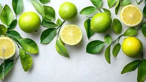 Clean, fresh design featuring lush green citrus leaves on a white backdrop, with soft lighting to accentuate the veins and organic details of the leaves photo