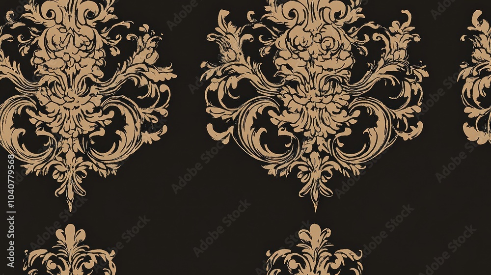Seamless pattern with a repeating ornate floral design in gold on a black background. Seamless pattern with a repeating ornate floral design in gold on a black background.