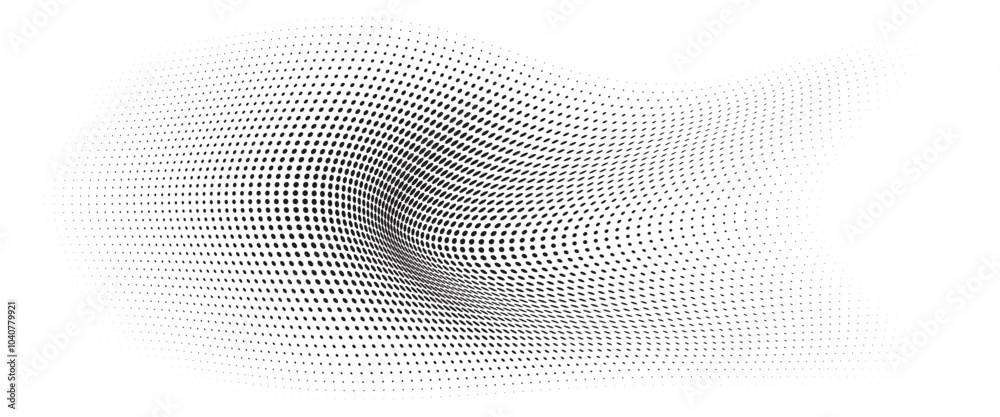 Flowing Wave Dot Halftone Pattern: Curve Gradient Shape on Transparent Background. Suitable for AI, Tech, Network, Digital, Science, and Technology Themes. Flowing Wave Dot Halftone Pattern: Curve Gradient Shape on Transparent Background. Suitable for AI, Tech, Network, Digital, Science, and Technology Themes.