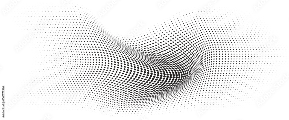 Flowing Wave Dot Halftone Pattern: Curve Gradient Shape on Transparent Background. Suitable for AI, Tech, Network, Digital, Science, and Technology Themes. Flowing Wave Dot Halftone Pattern: Curve Gradient Shape on Transparent Background. Suitable for AI, Tech, Network, Digital, Science, and Technology Themes.