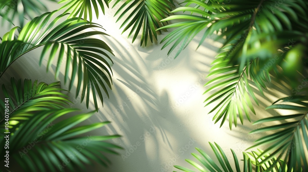 Palm Leaf Shadow on Light Cream Wall - Minimalistic Summer Background for Product Presentation Palm Leaf Shadow on Light Cream Wall - Minimalistic Summer Background for Product Presentation