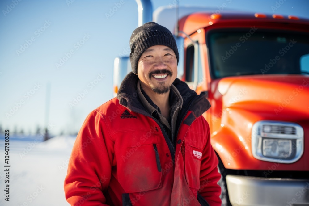 Portrait of a middle aged male truck driver in front of truck during winter Portrait of a middle aged male truck driver in front of truck during winter