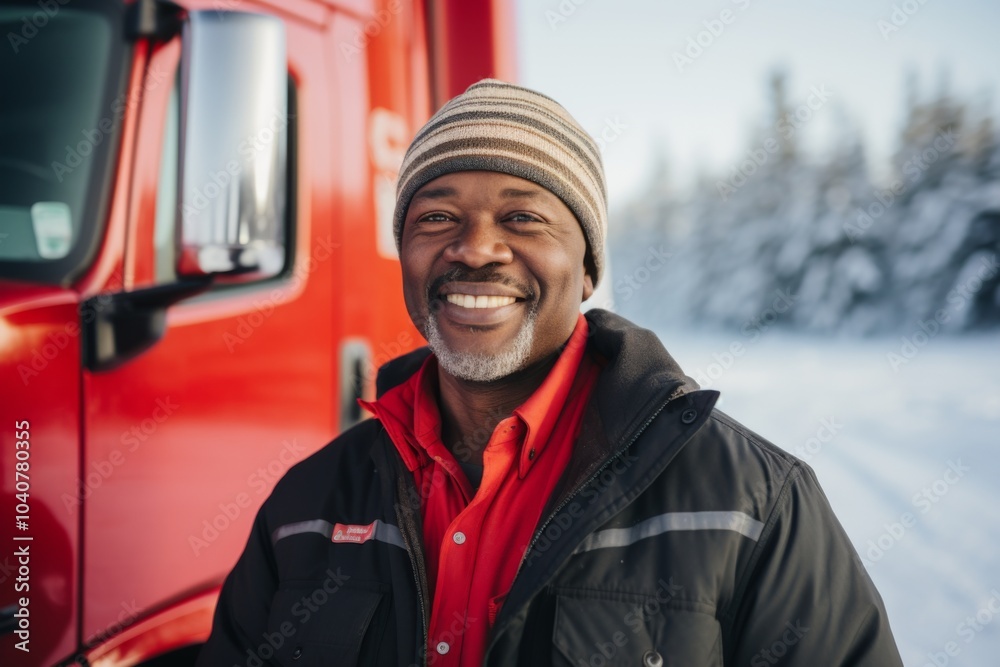 Portrait of a middle aged male truck driver in front of truck during winter Portrait of a middle aged male truck driver in front of truck during winter