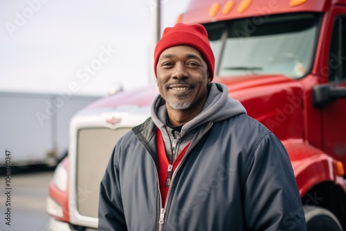 Portrait of a middle aged male truck driver in front of truck during winter