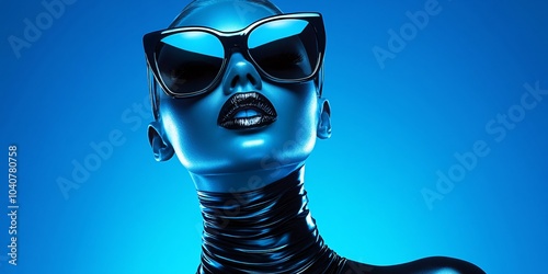 A  advertisement featuring an African American mannequin head with sleek, shiny black hair wearing oversized sunglasses that block out the sun's rays in vibrant blue tones. The background is electric 