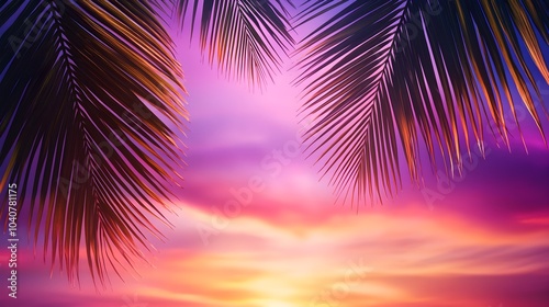 Close-up shot of palm tree leaves with the glowing horizon behind, hues of deep orange, pink, and purple cascading across the sky. Oil painting, rich textures, tranquil mood