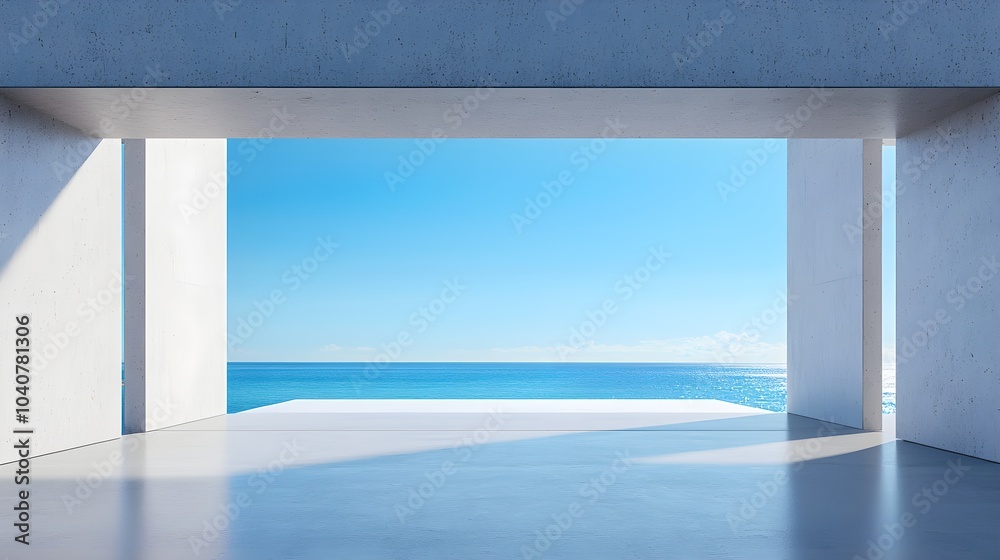 Minimalist empty concrete floor, smooth gray wall, 3D render, ocean horizon view, vibrant blue sky, modern architectural design, soft natural lighting Minimalist empty concrete floor, smooth gray wall, 3D render, ocean horizon view, vibrant blue sky, modern architectural design, soft natural lighting