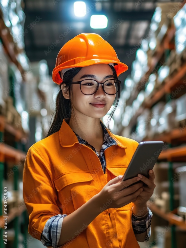 Warehouse Worker Using Tablet in Orange Safety Uniform Warehouse Worker Using Tablet in Orange Safety Uniform