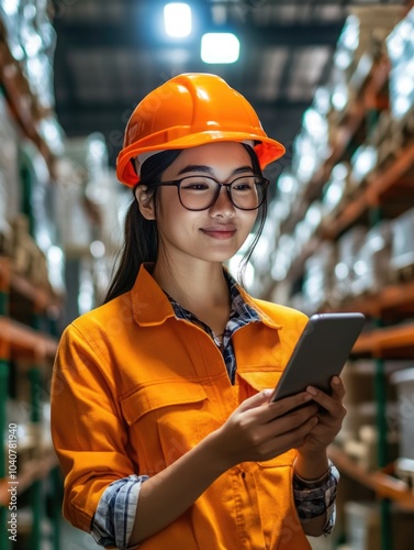 Warehouse Worker Using Tablet in Orange Safety Uniform