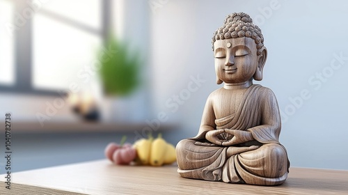 Serene Buddhist Statue in Meditative Pose on Wooden Table with Fruits