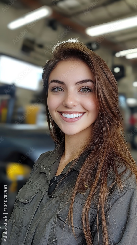 Smiling Mechanic with Stunning Eyes in Automotive Workshop Smiling Mechanic with Stunning Eyes in Automotive Workshop