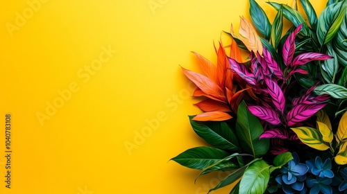 Overhead shot of a lively plant with dollar sign leaves in various vibrant hues, representing financial growth and abundance, set against a soft yellow background, wealthy design, growth concept photo