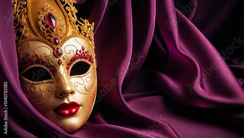 Golden venetian carnival mask lying on purple silk fabric background photo