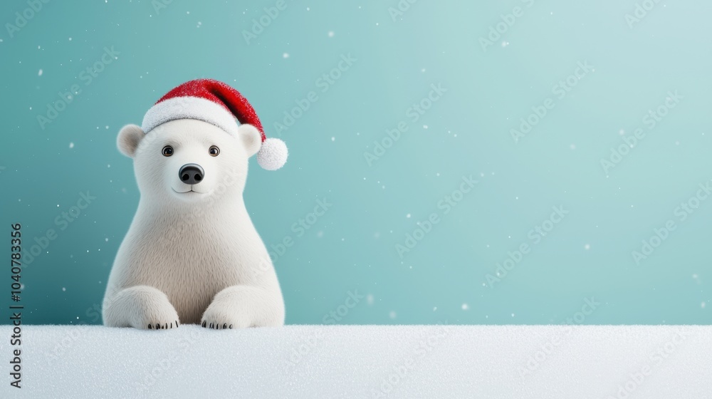 Cute Polar Bear Wearing Santa Hat on Snowy Backdrop Cute Polar Bear Wearing Santa Hat on Snowy Backdrop
