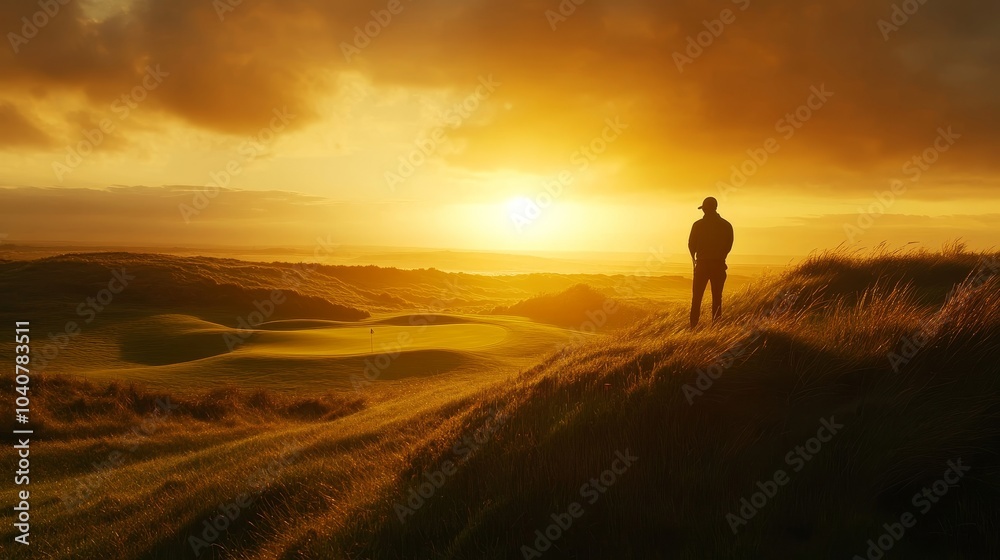 Obraz premium Golfer in silhouette against a setting sun, lush green golf course, tranquil evening sky blending with golden light, peaceful golf scenery