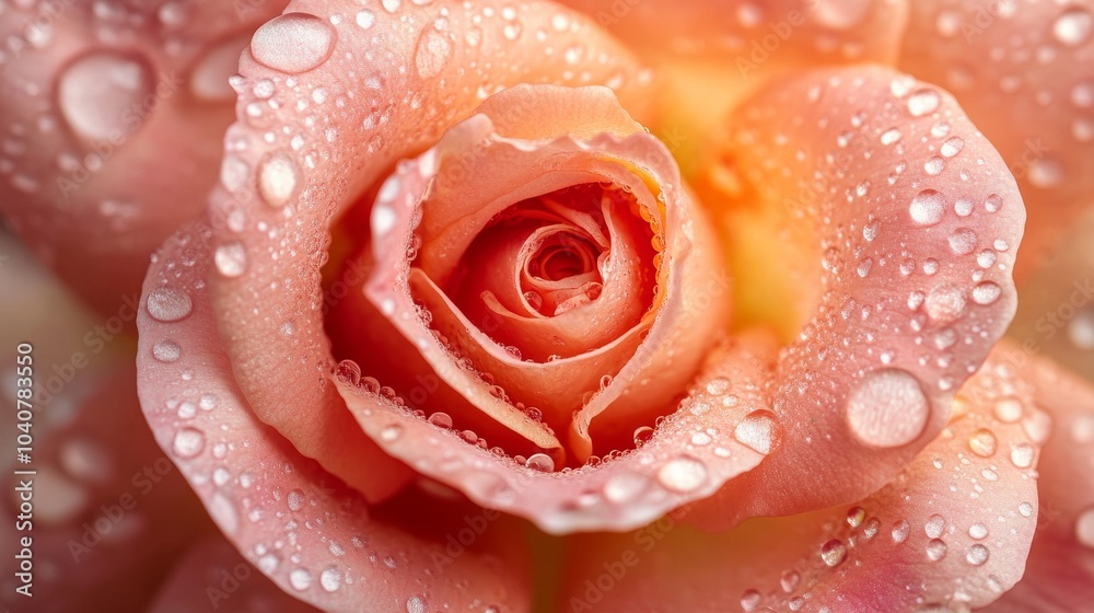Overhead macro view of a pink rose, detailed petals with morning dew, dreamy and romantic atmosphere, pastel tones Overhead macro view of a pink rose, detailed petals with morning dew, dreamy and romantic atmosphere, pastel tones