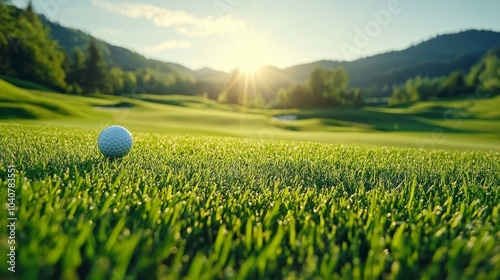 Dynamic freeze-frame of a tee shot, golf ball floating, rich green landscape, serene early morning light, natural textures, golf course beauty, movement frozen