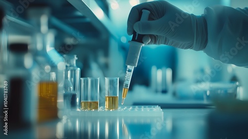 A gloved hand using a pipette to add liquid to a test tube in a lab