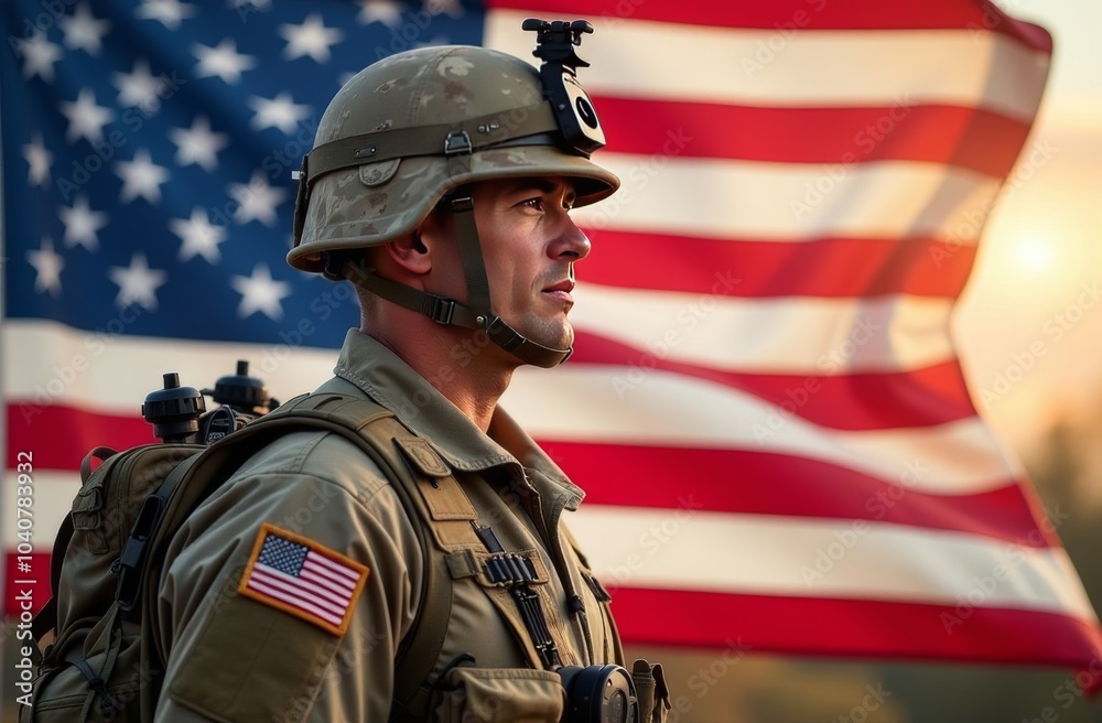 Soldier standing proudly in front of an American flag during sunset, showcasing dedication and patriotism in a solemn moment Soldier standing proudly in front of an American flag during sunset, showcasing dedication and patriotism in a solemn moment
