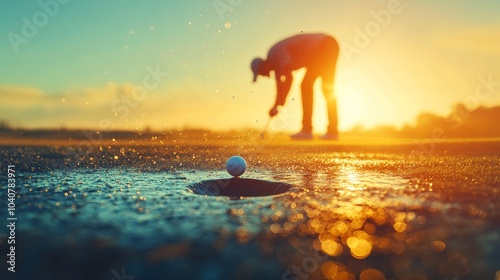 Double exposure of a golfer in mid-putt and a golf ball dropping into the hole. Vivid greens and serene fairways with warm, golden sunlight across the horizon photo