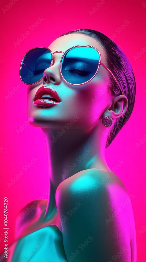 Close-up of a fashion model wearing blue sunglasses, against a pink background with neon lights. Close-up of a fashion model wearing blue sunglasses, against a pink background with neon lights.