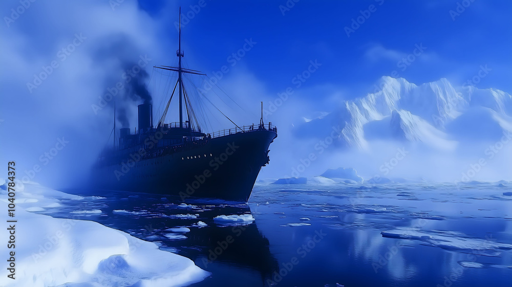 Obraz premium Arctic Explorer - A large ship navigates the arctic ocean on a sunny day under a blue sky