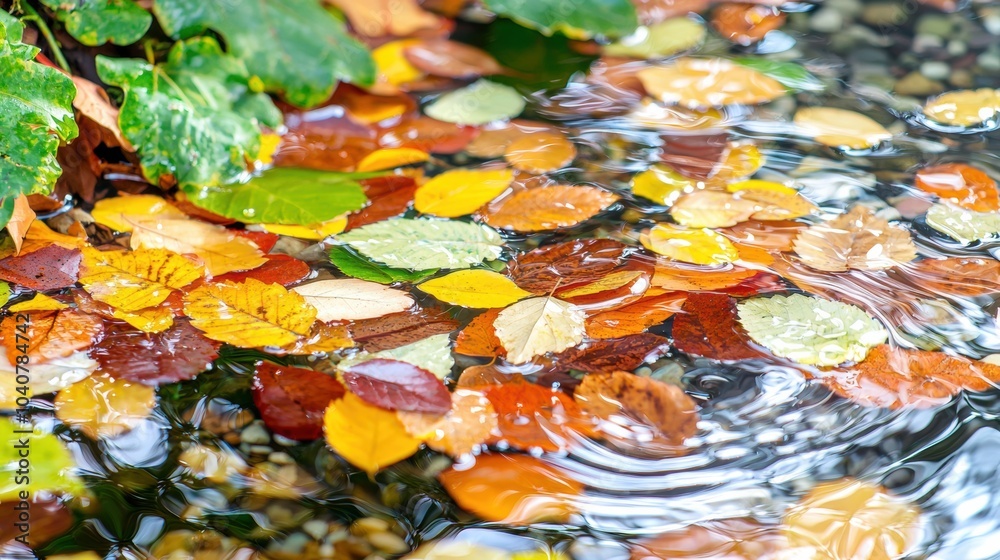 Vibrant Autumn Leaves Floating on Tranquil Pond Surface with Rippling Reflections Vibrant Autumn Leaves Floating on Tranquil Pond Surface with Rippling Reflections