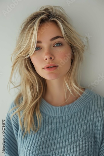 A blonde woman with blue eyes and a blue sweater