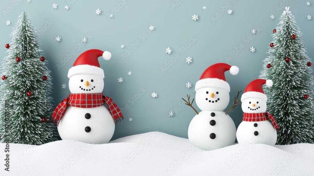 Cheerful Snowmen Enjoying Winter Wonderland in Holiday Decor Cheerful Snowmen Enjoying Winter Wonderland in Holiday Decor