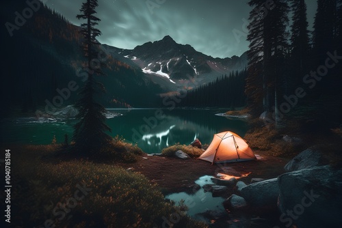 Camping on the shore of a mountain lake in the mountains. photo