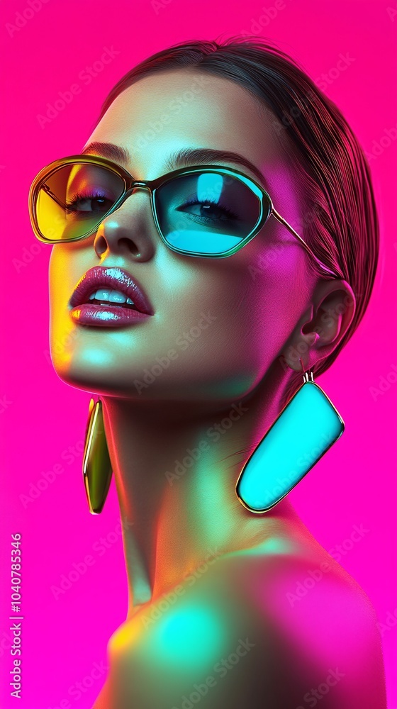 Close-up of a fashion model wearing blue sunglasses, against a pink background with neon lights. Close-up of a fashion model wearing blue sunglasses, against a pink background with neon lights.