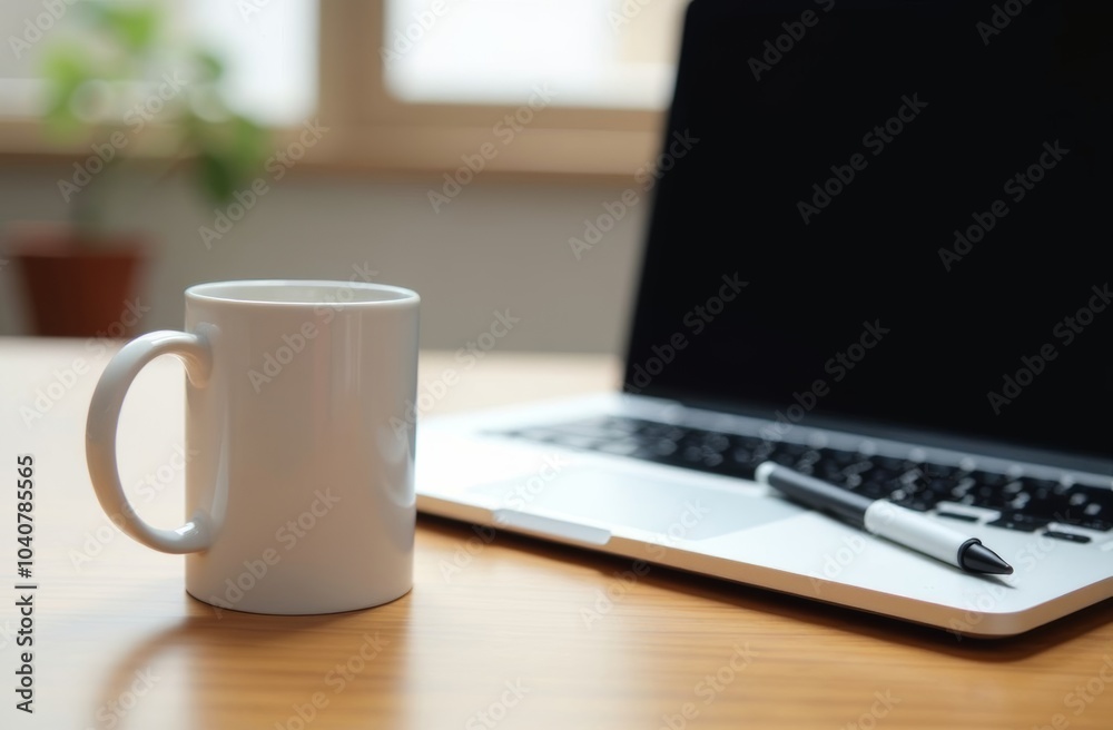 A cozy workspace featuring a white mug, laptop, and pen on a wooden table during a bright afternoon A cozy workspace featuring a white mug, laptop, and pen on a wooden table during a bright afternoon