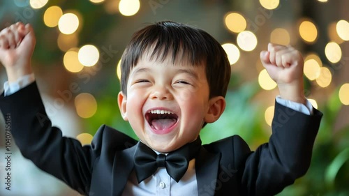 Joyful Child in a Tuxedo with Festive Background photo