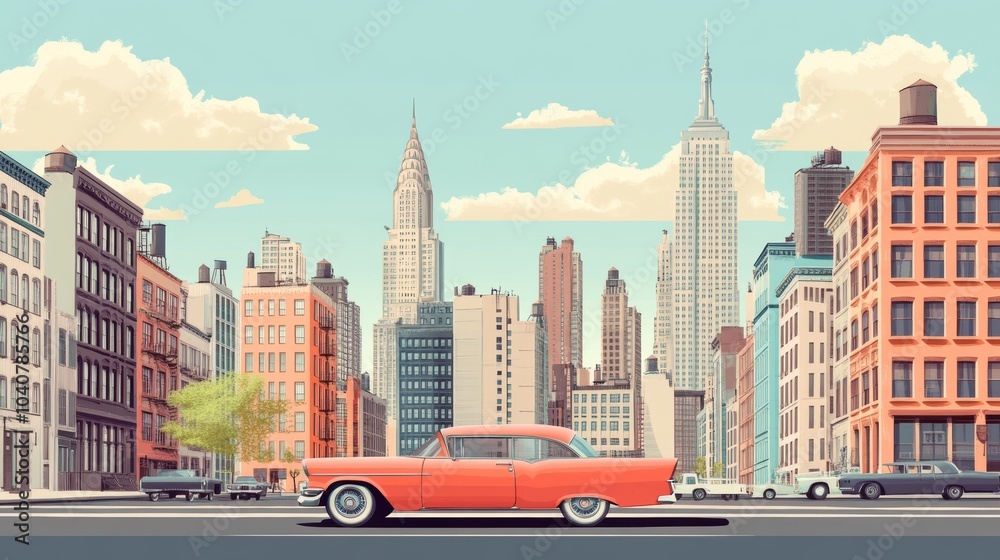 A retro 1950s city skyline with towering buildings, adorned with large-scale vintage street art, blending pastels and bold colors in classic style
