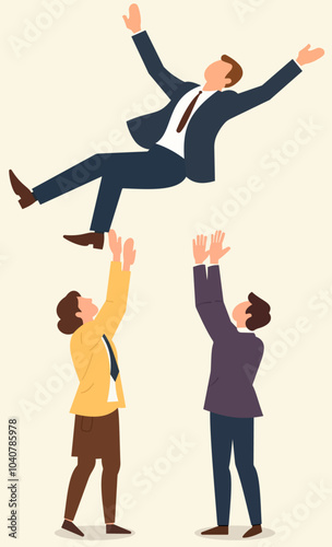 The person being tossed is lifted high by the enthusiasm of their friends, Air of Happiness, Tossed to Victory, Lifted by Joy, Job promotion celebration, winning prize