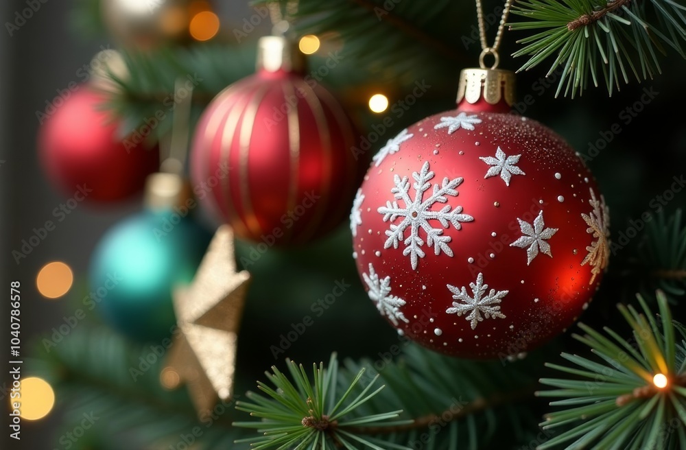 Fototapeta premium Colorful ornaments hang on a festive Christmas tree adorned with twinkling lights in a cozy indoor setting