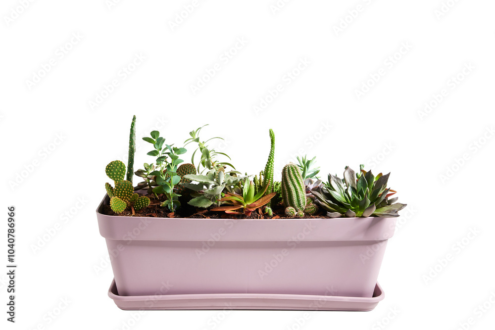 Jardineira cor de rosa horizontal com cactos, isolado Jardineira cor de rosa horizontal com cactos, isolado