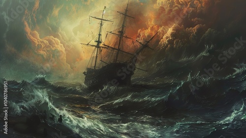 Dramatic Seascape with Ship in Stormy Weather photo