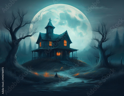 epic illustration halloween background with house photo