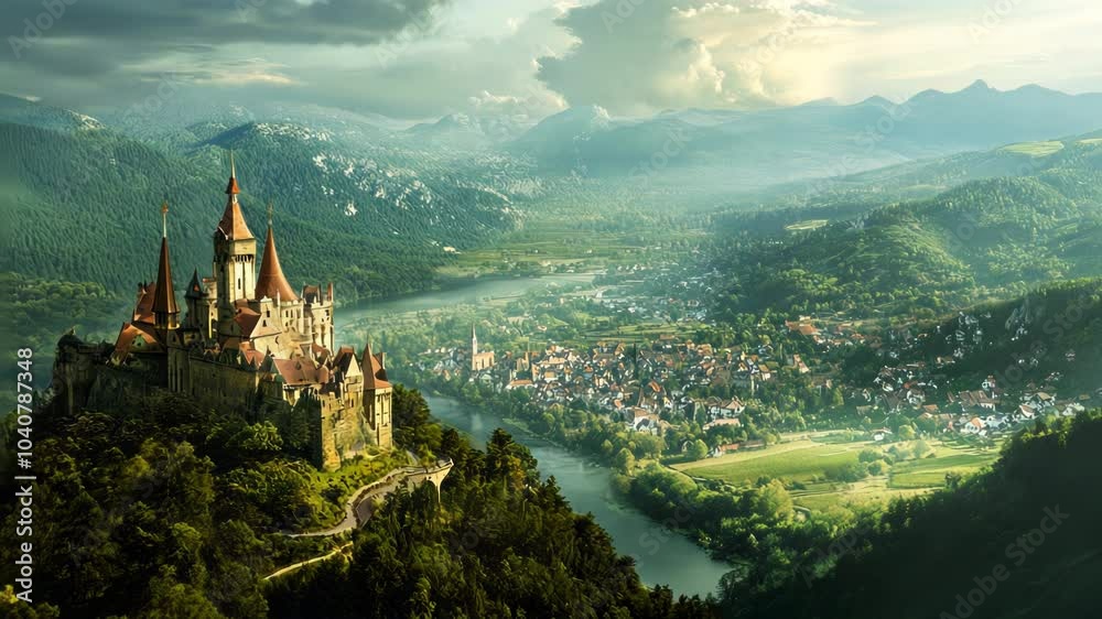 A Majestic Castle Perched Atop a Mountainous Landscape A Majestic Castle Perched Atop a Mountainous Landscape