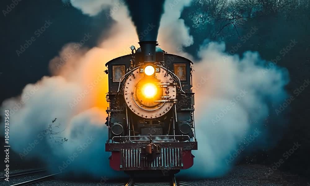 Steam locomotive train engine with smoke billowing from the front.