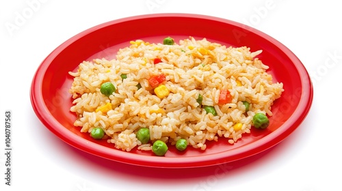 A vibrant red plastic plate filled with delicious fried rice, set against a clean white background. This appetizing presentation showcases the colorful ingredients and textures of the fried rice, 