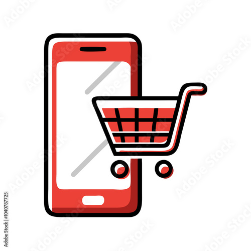 Red smartphone and shopping cart icon, online shopping, e-commerce