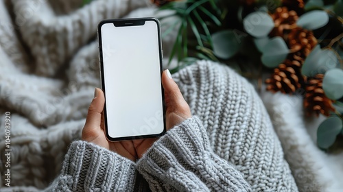 Digital mockup. A woman holding and using mobile phone with blank white screen