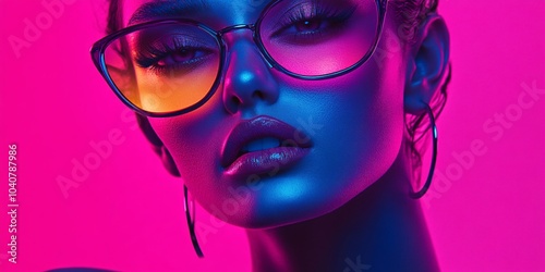 Vibrant female model wearing neon glasses, exuding confidence and style in the vibrant world of fashion photography. purple background. 